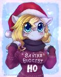  anthro blonde_hair blue_eyes blush breasts chibi christmas clothing english_text equid equine evo_(oc) evomanaphy fan_character female freckles hair hat headgear headwear holidays horse mammal my_little_pony pony santa_hat scarf solo sweater text topwear 