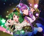  2girls :d black_footwear blue_hair boots braid coat green_coat green_hair green_nails grin highres long_hair looking_at_viewer macross macross_delta macross_frontier medium_hair mikumo_guynemer mosako multicolored_hair multiple_girls nail_polish open_clothes open_coat open_mouth pants purple_hair purple_nails ranka_lee red_eyes shiny shiny_hair shirt sky sleeveless sleeveless_shirt smile standing star_(sky) starry_sky thigh_boots thighhighs tied_hair two-tone_hair very_long_hair white_pants white_shirt 