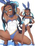  1girl animal_ears arm_up arms_behind_head arms_up bare_legs black_hair blue_eyes blue_footwear blue_hair blue_neckwear blush bow bowtie breasts bunny_ears bunny_girl bunnysuit collar colored_shadow dark_skin detached_collar forehead garoudo_(kadouhan&#039;i) gloves hand_on_hip high_heels leotard long_hair multicolored_hair multiple_views parted_lips pokemon pokemon_(game) pokemon_swsh rurina_(pokemon) shadow shoes small_breasts spread_legs squatting standing strapless strapless_leotard two-tone_hair very_long_hair white_background white_collar white_gloves white_leotard wing_collar 