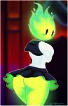  2019 blush bottomwear breasts butt clothing colored_fire elemental female fire fire_elemental fuku_fire green_fire hi_res humanoid looking_at_viewer not_furry signature sirredbenjamin skirt solo undertale video_games 