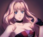  1girl absurdres bangs blonde_hair blue_eyes breasts brown_background choker cleavage collarbone earrings grey_ribbon hand_in_hair highres jewelry large_breasts long_hair macross macross_frontier mosako parted_lips sheryl_nome solo striped upper_body very_long_hair 