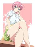  1girl blue_eyes closed_mouth crossed_legs go-toubun_no_hanayome green_skirt legs looking_at_viewer nakano_ichika pink_hair shirt short_hair short_sleeves sitting skirt smile solo umanosuke white_shirt 