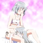  2girls blue_eyes blush bra breasts closed_eyes collarbone eila_ilmatar_juutilainen eyebrows_visible_through_hair gradient gradient_background grey_hair groin hand_on_another&#039;s_head hidden_mouth hiro_yoshinaka long_hair multiple_girls navel panties pink_background sanya_v_litvyak sexually_suggestive shiny shiny_hair short_hair side-tie_panties simple_background sitting small_breasts strike_witches sweat underwear underwear_only white_bra white_panties world_witches_series yuri 