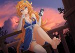 1girl ahoge ass babydoll bare_shoulders barefoot blonde_hair blue_eyes braid brand_name_imitation breasts can chin_rest cleavage cloud cloudy_sky collarbone dutch_angle elbow_gloves energy_drink feet flower gloves hair_between_eyes hair_flower hair_ornament hands_up highres holding holding_can kazenokaze knee_up large_breasts lingerie long_hair looking_at_viewer messy_hair navel nijisanji otogibara_era outdoors panties parted_lips single_thighhigh sky smile solo thighhighs thighs twilight underwear underwear_only very_long_hair virtual_youtuber white_gloves white_legwear white_panties 