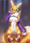  2017 ? anthro areola armwear barely_visible_genitalia barely_visible_pussy black_nose blue_eyes blue_sclera bottomless breasts bridal_gauntlets butt_from_the_front canid canine claws clothed clothing clothing_lift curvy_figure digimon digimon_(species) dipstick_tail doomthewolf facial_markings female front_view fur head_markings hi_res mammal markings multicolored_tail navel neck_tuft nipples patreon pussy renamon shirt shirt_lift small_waist solo standing tattoo thick_thighs thigh_gap topwear tuft two_tone_tail voluptuous white_belly white_body white_fur white_pussy wide_hips yellow_body yellow_fur 