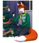  2019 5_fingers alric_kyznetsov anthro biped black_body black_fur black_nose brown_hair canid canine christmas christmas_ornament christmas_sweater christmas_tree clothed clothing cloud digital_media_(artwork) dipstick_ears dipstick_tail eyebrows eyelashes facial_markings fingers fox front_view fur hair happy head_markings holding_object holidays humanoid_hands inside kneeling male mammal markings mishabahl multicolored_ears multicolored_tail night orange_body orange_fur ornament red_fox short_hair signature sky solo star sweater topwear tree white_body white_fur window 