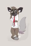  2019 aggressive_retsuko anthro bottomless brown_body clothed clothing digital_media_(artwork) embarrassed featureless_crotch fur haida hyaenid inner_ear_fluff looking_at_viewer male mammal meowmavi sanrio simple_background solo spotted_hyena tuft white_body white_fur 