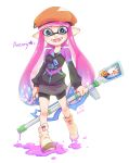  1girl bangs beret bike_shorts black_jacket black_shorts black_skirt blue_eyes blue_hair blunt_bangs boots chinese_commentary classic_squiffer_(splatoon) commentary_request eyebrows_visible_through_hair fangs gradient_hair hat highres holding holding_weapon inkling jacket long_hair looking_at_viewer madaga_(animaofmoon) multicolored_hair open_mouth orange_hair paint_splatter pink_hair print_jacket raglan_sleeves shorts shorts_under_skirt signature simple_background skirt smile solo splatoon_(series) splatoon_2 standing standing_on_one_leg star track_jacket twitter_username very_long_hair weapon white_background yellow_footwear zipper zipper_pull_tab 