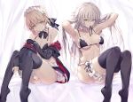  2girls armpits arms_up artoria_pendragon_(all) bare_shoulders bed_sheet bikini black_bikini black_bow black_jacket black_legwear black_neckwear blonde_hair blush bow bowtie breasts cleavage closed_mouth collarbone fate/grand_order fate_(series) frilled_bikini frills hair_bow haishiki hands_in_hair highres jacket jeanne_d&#039;arc_(alter)_(fate) jeanne_d&#039;arc_(fate)_(all) knees_up leg_garter long_sleeves maid_bikini maid_headdress medium_breasts multiple_girls neck_garter off_shoulder open_clothes open_jacket saber_alter short_hair silver_hair sleeves_past_wrists small_breasts swimsuit thighhighs 