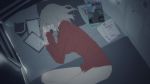  1girl amazuki_jou bangs bed commentary crying dress_shirt envelope fetal_position girls_und_panzer hair_over_eyes highres indoors itsumi_erika long_sleeves lying magazine medium_hair no_pants on_bed on_stomach paper pencil red_shirt sad shirt silver_hair solo tears 