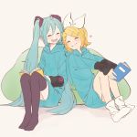  2girls ahoge aqua_hair aqua_nails bangs bean_bag_chair blonde_hair blue_hoodie book bow closed_eyes closed_mouth commentary facing_another full_body hair_bow hair_ornament hairclip happy hatsune_miku heart highres holding holding_book kagamine_rin light_blush long_hair m0ti multiple_girls nail_polish open_mouth short_hair side-by-side sitting smile socks swept_bangs thighhighs twintails two-tone_shirt very_long_hair vocaloid white_bow 