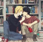  2boys ash_lynx banana_fish black_hair blonde_hair book bookshelf brown_eyes denim eye_contact food green_eyes hand_on_another&#039;s_chin jeans looking_at_another male_focus multiple_boys okumura_eiji pants pocky pocky_kiss sawa_nya shared_food shoes sitting sneakers yaoi 