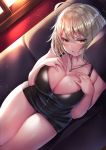  1girl ahoge bangs bare_shoulders beeyan black_dress blush breasts cleavage collarbone couch dress fate/grand_order fate_(series) hair_between_eyes hands_on_own_chest highres jeanne_d&#039;arc_(alter)_(fate) jeanne_d&#039;arc_(fate)_(all) jewelry large_breasts looking_at_viewer lying necklace on_side open_mouth short_dress short_hair silver_hair solo thighs wicked_dragon_witch_ver._shinjuku_1999 yellow_eyes 