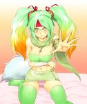  1girl abs anger_vein angry armlet bare_shoulders blush breast_hold breasts commentary_request detached_sleeves duel_monster fur gradient gradient_background gradient_hair green_eyes green_hair green_skirt hair_ribbon hairband highres long_hair looking_at_viewer medium_breasts midriff miniskirt multicolored_hair nasuka@hiyokko navel no_shoes on_bed orange_background orange_hair outstretched_arm panties pantyshot pantyshot_(sitting) parted_hair pink_panties red_headwear reeze_whirlwind_of_gusto ribbon scarf single_detached_sleeve sitting skirt solo strapless symbol-shaped_pupils thighhighs tubetop twintails underwear wariza wavy_mouth wide_sleeves yuu-gi-ou zettai_ryouiki 