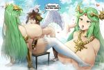  after_oral age_difference angel_wings areolae armlet blue_sky bracer breasts brown_hair cloud cum cum_string english_text erection gloves green_hair heart heart-shaped_pupils hetero huge_breasts jewelry kid_icarus long_hair necklace nude open_mouth palutena partly_fingerless_gloves penis pit_(kid_icarus) reclining shota sinensian sky speech_bubble stool symbol-shaped_pupils thighhighs tiara very_long_hair white_legwear wings 