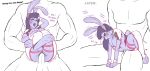  2019 anthro balls bendzz big_breasts blizzard_entertainment blush breasts butt d.va_(overwatch) dialogue duo female fur human human_on_anthro interspecies lagomorph leporid male male/female mammal navel nipples nude open_mouth overwatch penetration penis post_transformation purple_body purple_fur pussy rabbit simple_background size_difference vaginal vaginal_penetration video_games white_background 