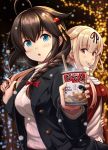  2girls ahoge alternate_costume black_hair black_jacket blonde_hair blue_eyes braid chopsticks commentary_request cup_ramen eating food hair_flaps hair_ornament hair_over_shoulder hair_ribbon hairclip highres ichikawa_feesu jacket kantai_collection long_hair looking_at_viewer multiple_girls oden open_mouth outdoors red_eyes red_jacket remodel_(kantai_collection) ribbon scarf shigure_(kantai_collection) single_braid snow upper_body white_scarf winter_clothes yuudachi_(kantai_collection) 