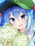  1girl :d bangs blue_eyes blue_hair blush cabbie_hat commentary_request eyebrows_visible_through_hair flower frilled_shirt_collar frills green_flower green_headwear hair_between_eyes hair_bobbles hair_ornament hat kawashiro_nitori looking_at_viewer nenobi_(nenorium) open_mouth petals short_hair sidelocks smile solo touhou upper_body 