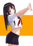  1girl arms_up black_hair black_sailor_collar black_skirt blue_eyes closed_mouth cowboy_shot crop_top crop_top_overhang highres itachi_kanade long_hair looking_at_viewer looking_to_the_side midriff miniskirt navel neckerchief original outstretched_arms pleated_skirt red_neckwear sailor_collar school_uniform serafuku shirt short_sleeves sidelocks skirt smile solo stomach stretch two-tone_background white_shirt 