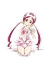  1girl adapted_costume bangs barefoot bow bowtie closed_mouth collarbone cosplay cure_blossom cure_blossom_(cosplay) dress floating_hair full_body hanasaki_tsubomi head_tilt heartcatch_precure! kneeling layered_dress long_hair looking_at_viewer niita parted_bangs pink_dress precure red_bow red_eyes red_hair red_neckwear shiny shiny_hair short_dress simple_background sketch sleeveless sleeveless_dress smile solo very_long_hair wet white_background 
