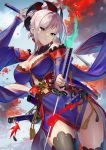  absurdres blue_eyes blue_kimono breasts bun_cover cleavage commentary_request cowboy_shot dual_wielding fate/grand_order fate_(series) hair_ornament highres holding huge_filesize japanese_clothes jewelry katana kimono large_breasts miyamoto_musashi_(fate/grand_order) multicolored multicolored_background pink_hair ponytail sleeveless sleeveless_kimono sukocchi sword thighhighs unsheathed weapon wide_sleeves 
