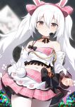  1girl animal_ears azur_lane bangs bare_shoulders black_bow blush bow bunny_ears commentary_request eyebrows_visible_through_hair flat_chest from_below hair_between_eyes hairband heart highres laffey_(azur_lane) long_hair long_sleeves looking_at_viewer navel pantyhose pink_skirt pleated_skirt quiet red_eyes silver_hair skirt solo twintails white_legwear 
