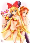  2girls ai-chan_(dokidoki!_precure) animal_print ass baby barefoot blonde_hair blue_eyes blush bow bra breasts brown_hair cleavage closed_mouth collarbone dokidoki!_precure embarrassed fang fang_out floating_hair groin hair_bow hairband hand_on_hip holding holding_weapon horns lingerie long_hair looking_at_viewer looking_back madoka_aguri multiple_girls navel open_mouth panties precure print_bra red_bow red_eyes red_hairband regina_(dokidoki!_precure) shiny shiny_hair small_breasts smile standing standing_on_one_leg strapless strapless_bra tiger_panties tiger_print tomo5656ky underwear underwear_only very_long_hair weapon white_background yellow_bra yellow_panties 