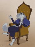  5_fingers amarian anthro black_sclera blue_eyes canid canine canis chair clothed clothing digital_media_(artwork) dragon fingers fur furniture hair horn hybrid male mammal pattern_background paws simple_background sitting smile solo wolf 