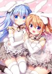  2girls :d animal_ears bangs bare_shoulders black_footwear blue_eyes blue_hair boots breasts brown_hair bunny_ears cleavage closed_mouth commentary_request eyebrows_visible_through_hair fake_animal_ears fur-trimmed_legwear fur_trim gochuumon_wa_usagi_desu_ka? grey_skirt hair_between_eyes hair_ornament hand_on_another&#039;s_waist hands_together hoto_cocoa kafuu_chino large_breasts long_hair multiple_girls open_mouth pleated_skirt purple_eyes sasai_saji shirt skirt sleeveless sleeveless_shirt smile thighhighs twitter_username white_legwear white_shirt x_hair_ornament 