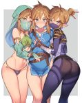  3boys alternate_costume ass blue_eyes blush bodysuit brown_hair bulge covered_nipples crossdressing detached_sleeves gerudo_link hair_bun hair_ornament hairpin highres link mask multiple_boys multiple_persona no_pants open_mouth otoko_no_ko pointy_ears simple_background the_legend_of_zelda the_legend_of_zelda:_breath_of_the_wild thigh_gap thong tubumi veil 