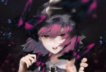  1girl :d asuzemu bangs black_background bug butterfly commentary_request eyebrows_visible_through_hair grey_headwear hair_between_eyes hands_up hat insect looking_at_viewer mob_cap open_mouth pink_hair portrait red_eyes saigyouji_yuyuko short_hair smile solo touhou triangular_headpiece 