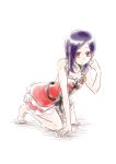  1girl adapted_costume bangs barefoot black_bow bow closed_mouth collarbone cosplay cure_passion cure_passion_(cosplay) dress fresh_precure! full_body higashi_setsuna leaning_forward long_hair looking_at_viewer niita parted_bangs precure purple_hair red_dress red_eyes shiny shiny_hair short_dress simple_background sleeveless sleeveless_dress solo wet white_background 
