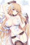  1girl arm_up armpits artoria_pendragon_(all) artoria_pendragon_(lancer_alter) artoria_pendragon_(lancer_alter)_(cosplay) bare_shoulders blonde_hair breasts brown_gloves brown_legwear choker cleavage collarbone commentary_request cosplay fate/grand_order fate_(series) garter_belt gloves hair_ornament halterneck hand_up highres jeanne_d&#039;arc_(fate) jeanne_d&#039;arc_(fate)_(all) large_breasts lingerie long_hair looking_at_viewer miko_92 navel parted_lips purple_eyes royal_icing see-through snowflake_hair_ornament solo stomach thighhighs underwear very_long_hair 