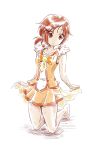  1girl adapted_costume barefoot brown_hair closed_mouth collarbone cosplay cure_sunny cure_sunny_(cosplay) full_body hair_ornament hino_akane_(smile_precure!) kneeling miniskirt niita orange_neckwear orange_shirt orange_skirt pleated_skirt precure red_eyes shiny shiny_hair shirt short_hair simple_background skirt skirt_hold sleeveless sleeveless_shirt smile_precure! solo wet white_background x_hair_ornament 