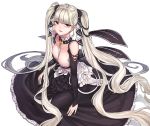  1girl azur_lane bangs bare_shoulders between_breasts black_dress blush breasts cleavage commentary_request dress eyebrows_visible_through_hair formidable_(azur_lane) frilled_dress frills grey_hair hair_ribbon highres jewelry large_breasts long_hair long_sleeves looking_at_viewer red_eyes ribbon simple_background solo sun_miru twintails very_long_hair white_background 