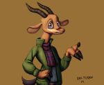  2019 antelope anthro bottomwear bovid brown_background brown_body brown_eyes brown_fur chico_(fuel) clothed clothing fully_clothed fur gazelle horn jacket looking_at_viewer mammal oak-thorn pants scarf shirt simple_background solo topwear 