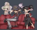  +_+ 1boy 2girls aori_(splatoon) black_background black_coat black_dress black_footwear black_gloves black_hair black_headwear blue_hair boots breasts brown_eyes chin_rest cleavage coat commander_atarime commentary couch cousins crossed_legs domino_mask dress dual_persona earrings elbow_gloves elbow_rest epaulettes fang formal gloves gradient_hair grandfather_and_granddaughter green_hair grey_hair grey_pants grin half-closed_eyes hat high_heels highres hotaru_(splatoon) jewelry leaning_forward logo long_dress long_hair mask medal medium_breasts medium_hair military military_hat military_uniform mole mole_under_eye multicolored_hair multiple_girls on_couch one_eye_closed open_clothes open_coat open_mouth pants peaked_cap pointy_ears red_footwear red_hair smile splatoon_(series) strapless strapless_dress sukeo_(nunswa08) tentacle_hair topknot uniform white_dress white_gloves younger 