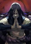  1boy black_hair facing_viewer grey_skin hands_together hankuri long_hair looking_at_viewer male_focus naruto naruto_(series) orochimaru own_hands_together red_background rope_belt slit_pupils smile solo upper_body yellow_eyes 