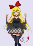  1girl 2018 :d bangs black_legwear black_shirt blonde_hair blue_eyes bow bracelet checkered checkered_bow checkered_skirt collar collarbone cosplay_request dated demon_tail dokidoki!_precure grey_background grey_skirt hair_bow hairband jewelry layered_skirt long_hair looking_at_viewer miniskirt open_mouth precure red_bow red_hairband regina_(dokidoki!_precure) sash shiny shiny_hair shirt signature simple_background skirt sleeveless sleeveless_shirt smile solo standing tail thighhighs tomo5656ky very_long_hair zettai_ryouiki 