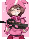  1girl animal_hat aono3 bangs belt black_belt brown_hair bullpup bunny_hat commentary_request gloves grin gun hat highres holding holding_gun holding_weapon jacket llenn_(sao) long_sleeves notice_lines outside_border p-chan_(p-90) pink_background pink_bandana pink_eyes pink_gloves pink_headwear pink_jacket short_hair smile solo submachine_gun sword_art_online sword_art_online_alternative:_gun_gale_online tactical_clothes utility_belt weapon 