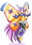  buti-yu dress genderswap genderswap_(mtf) gloves green_eyes highres insect_girl jewelry mecha_musume metal_boots metamor_mothmenos moth_ears moth_girl moth_wings necklace personification purple_hair respirator rockman rockman_x rockman_x2 smile smirk solo wings 