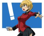  ! 1girl aono3 bangs black_skirt blonde_hair blue_eyes braid commentary cowboy_shot cup darjeeling epaulettes eyebrows_visible_through_hair gesture girls_und_panzer holding holding_cup jacket long_sleeves looking_to_the_side military military_uniform miniskirt open_mouth pleated_skirt red_jacket short_hair skirt solo st._gloriana&#039;s_military_uniform standing teacup tied_hair twin_braids uniform 