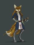  anthro brown_hair canid canine clothed clothing digitigrade eyebrows eyelashes female fox grey_background hair holding_object holding_sword holding_weapon koul mammal melee_weapon simple_background solo standing sword weapon 