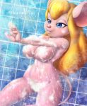  2019 4_fingers anthro bathing blonde_hair blue_eyes breasts bubble chip_&#039;n_dale_rescue_rangers convenient_censorship digital_media_(artwork) disney female fingers gadget_hackwrench hair long_hair mammal mouse murid murine rodent scificat shower signature soap solo text url water wet 