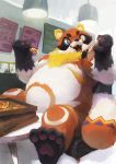  2019 anthro belly canid canine detailed_background food heterochromia humanoid_hands mammal overweight pizza raccoon_dog racoonwolf sitting solo tanuki 