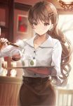  1girl bangs blouse blurry blurry_background blush breasts brown_eyes brown_hair cup earrings eyebrows_visible_through_hair hair_ornament hairclip holding holding_tray indoors jewelry kagachi_saku long_hair original pouring shirt skirt smile solo steam tea teacup tray waitress white_shirt 