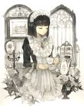  1girl bangs black_hair blunt_bangs candle closed_eyes commentary_request cup flower frills gem holding holding_cup keiko_(mitakarawa) long_sleeves medium_hair muted_color original solo teacup teapot upper_body window 