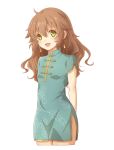 1girl :d aono_(aonocrotowa) arms_behind_back blue_dress brown_hair china_dress chinese_clothes cropped_legs curly_hair dress earrings eiyuu_densetsu green_eyes hair_between_eyes highres jewelry long_hair open_mouth print_dress sen_no_kiseki shiny shiny_hair short_dress side_slit simple_background smile solo standing towa_herschel white_background 