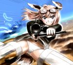  1girl bird_tail blonde_hair blue_eyes blush eyebrows_visible_through_hair flying goggles goggles_on_head grin groin gun hanna-justina_marseille hosoinogarou long_hair looking_at_viewer miniskirt outdoors panties parted_lips rifle shiny shiny_hair skirt sky smile solo spread_legs strike_witches striker_unit tail underwear upskirt weapon white_panties wing_ears world_witches_series 