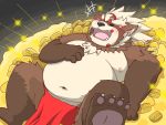  2019 anthro asian_clothing belly blush brown_body brown_fur canid canine clothing east_asian_clothing eyes_closed fangs fundoshi fur goemon_(tas) hon55728 japanese_clothing lying male mammal money moobs navel nipples overweight overweight_male raccoon_dog solo tanuki tokyo_afterschool_summoners underwear video_games 